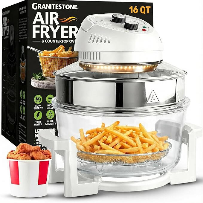 Friteuse à air Granitestone 16 litres en verre, non toxique, sans huile, avec minuterie intégrée, fonction auto-nettoyante, compatible lave-vaisselle.