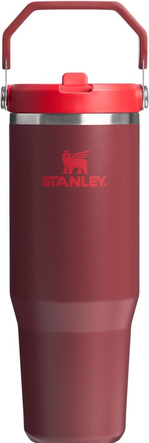 Gobelet Stanley IceFlow 2.0 en acier inoxydable, 887 ml, paille rabattable, poignée, couvercle à visser, sans BPA, isotherme, couleur canneberge.