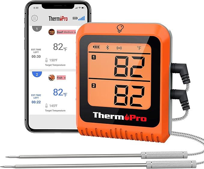 ThermoPro thermomètre à viande sans fil avec 2 sondes, écran digital et connexion Bluetooth, idéal pour barbecue, fumoir et cuisson de dinde ou rôti.