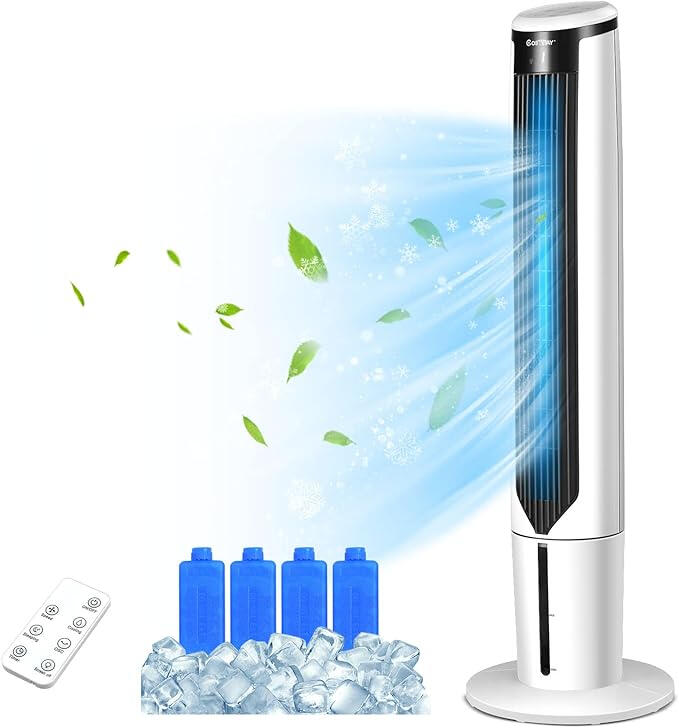 COSTWAY Refroidisseur d’air blanc portable de 41 inch, ventilateur oscillant silencieux, écran LED, télécommande, 3 modes, 3 vitesses et minuterie 9H, idéal pour chambre ou bureau.