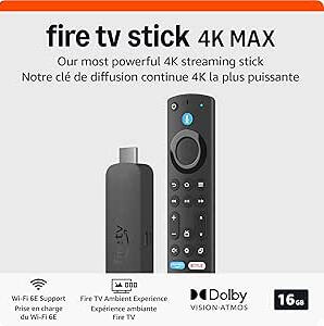 Amazon Fire TV Stick 4K Max noir, streaming ultra-rapide avec Wi-Fi 6E et support de télévision en direct sans câble ni satellite.