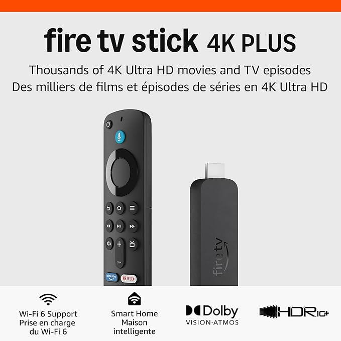 Amazon Fire TV Stick 4K Plus noir, streaming 4K avec Wi-Fi 6, Dolby Vision et Dolby Atmos pour films, séries et télévision en direct.