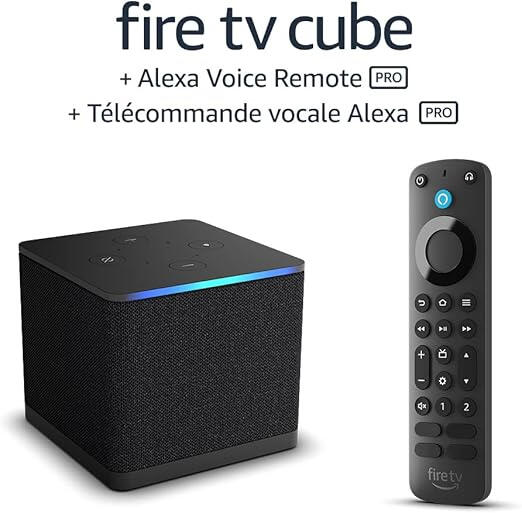 Amazon Fire TV Cube noir avec télécommande vocale Alexa Pro, appareil de streaming 4K UHD mains libres pour films, séries et TV en direct.
