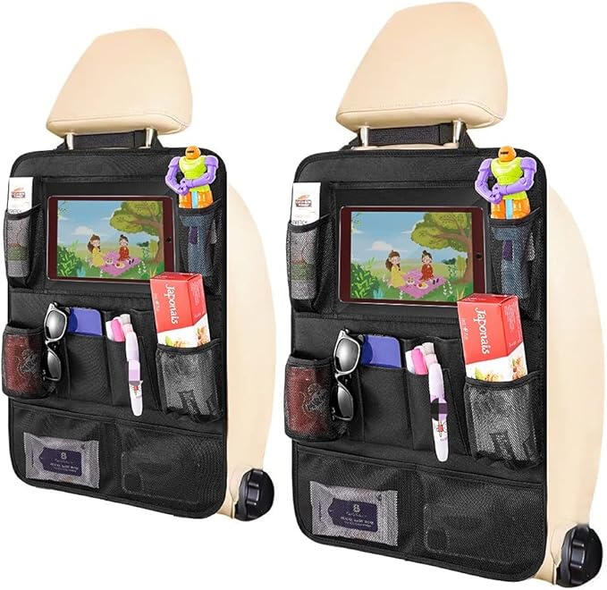 Lot de 2 tapis de protection pour siège de voiture avec support tablette de 25,4 cm, organiseur arrière pour enfants avec 11 poches