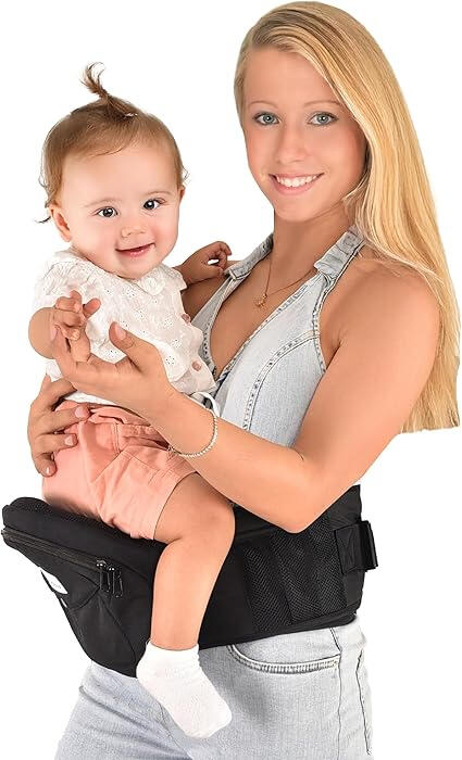 Porte-bébé avec siège de hanche, ceinture réglable avec soutien solide, certifié sain, lavable en machine, tailles M/L, noir"