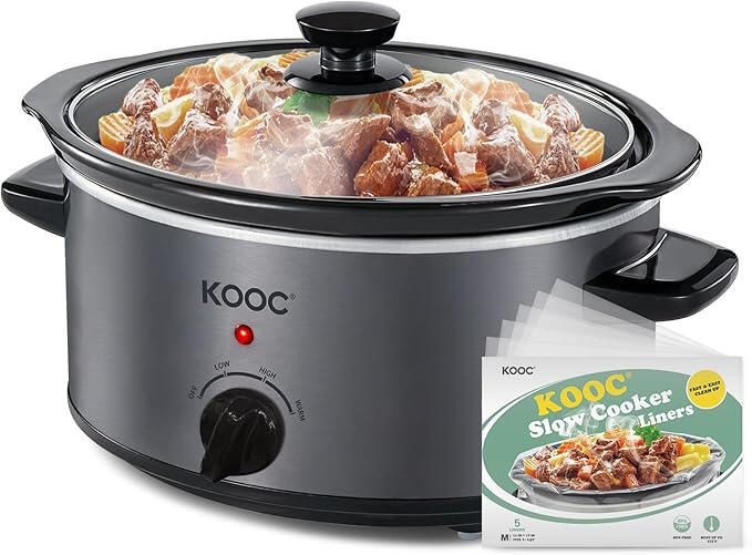 "KOOC Mijoteuse électrique de 4 litres avec couvercle, doublures incluses pour nettoyage facile, casserole en céramique amovible, température réglable – couleur gris"