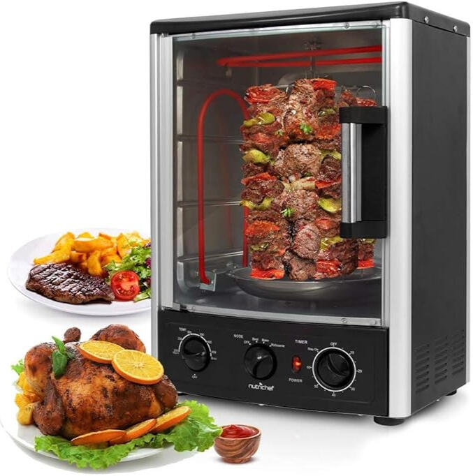 "Nutrichef Four à rôtisserie vertical pour comptoir – cuisson, gril et kebab, 2 étagères, 1500 W, idéal pour dinde de Thanksgiving, comprend gril, supports à brochettes et poêle"
