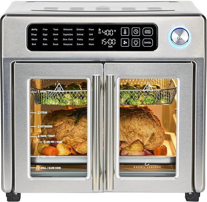 "Emeril Lagasse Friteuse à air comprimé extra large, 25 fonctions de cuisson et commandes numériques, 7 accessoires inclus, finition en acier inoxydable, capacité de 26 L"