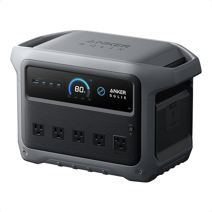 Station d’alimentation portable Anker SOLIX C1000 Gen 2 1 024 Wh, 2 000 W / 3 000 W peak, recharge ultra‑rapide ~49 min, batterie LiFePO4, multiple ports pour appareils domestiques.