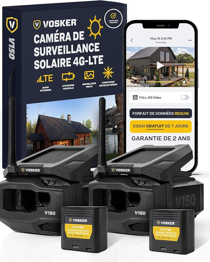 Caméra de sécurité VOSKER V150 solaire avec connectivité LTE, détecteur de mouvement intégré et envoi d’alertes/photos sur smartphone.
