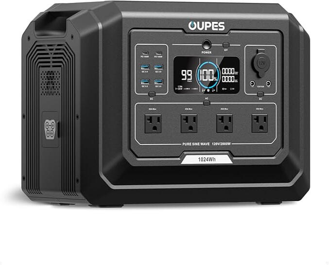OUPES Mega 1 Station d’alimentation portable 2000 W (pic 4500 W), batterie LiFePO4 1024 Wh, charge CA 1400 W et solaire 800 W, extensible jusqu’à 5120 Wh.