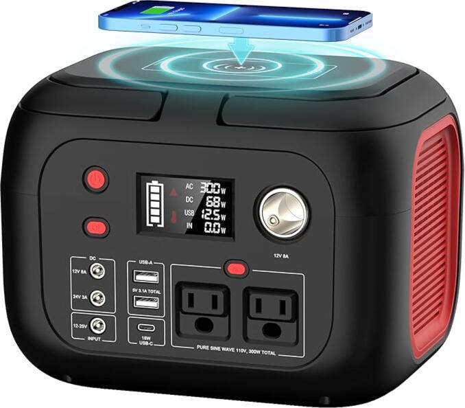 Station d’alimentation portable 228 Wh avec sortie CA 300 W, 9 sorties, lampe LED intégrée et générateur solaire, pour camping et alimentation de secour