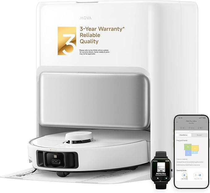 MOVA P50 Pro Ultra robot aspirateur et balai, aspiration 19 000 Pa, brosse anti-enchevêtrement, auto-séchage, vidage automatique.