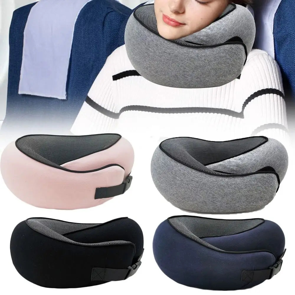 U-shaped memory foam travel neck pillow providing comfortable neck support for flights, car rides, office breaks, and travel