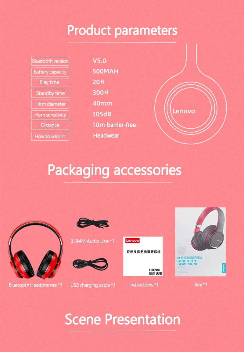 Lenovo HD200 Wireless Bluetooth Over-Ear Headphones – Noise Cancelling Gaming Headset
