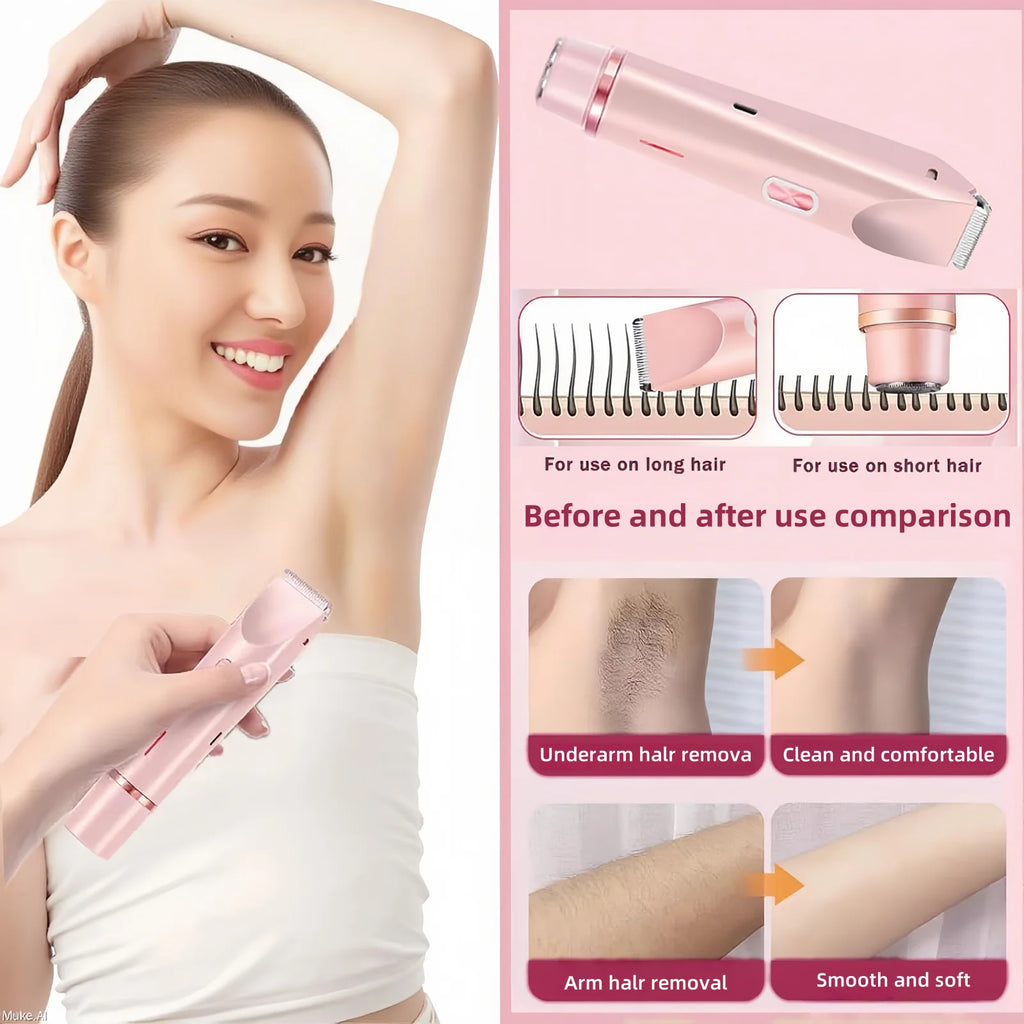 Bikini Trimmer for Women, 2 in 1 Dual Head Bikini Shaver & Body Shaver, Cordless & Waterproof Painless Electric Hair Removal