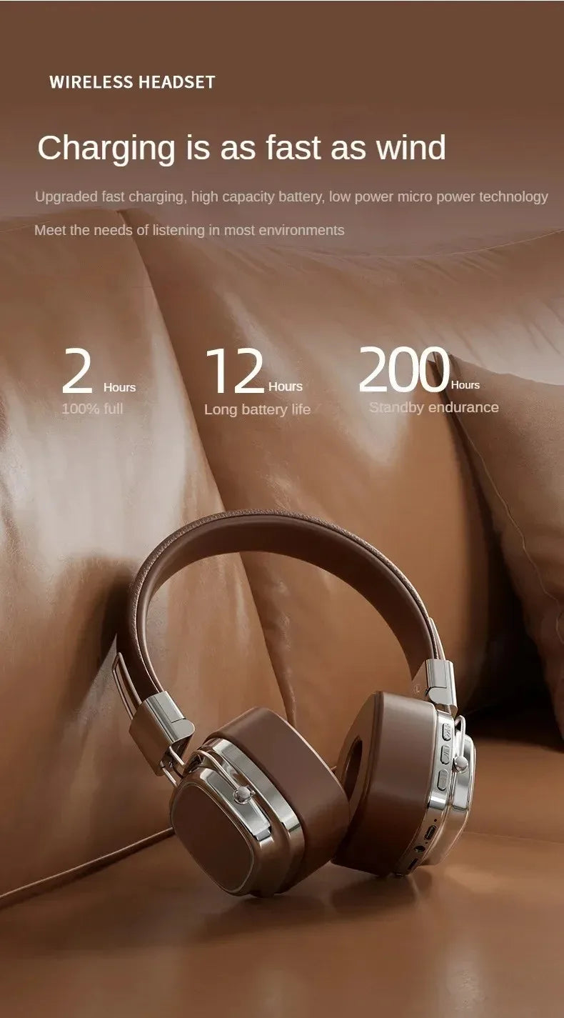 Retro Leather Bluetooth 5.3 Wireless Over-Ear Headphones – Foldable Noise Cancelling Headset with Mic