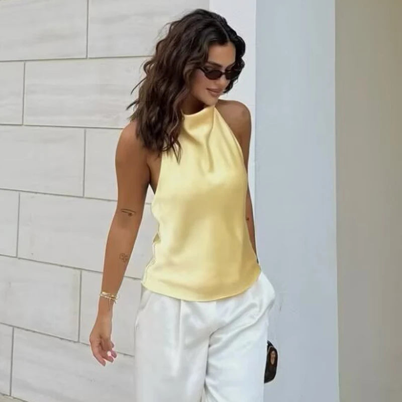 Haut corset dos nu à encolure américaine en satin pour femme – Débardeur élégant pour soirée d'été