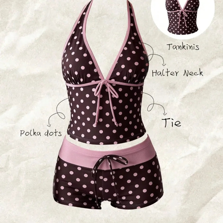 Trajes de baño para mujer, conjunto de tankini de 2 piezas de lunares, top cami con cuello halter en V con lazo frontal y shorts de baño con cordón en la cintura a contraste