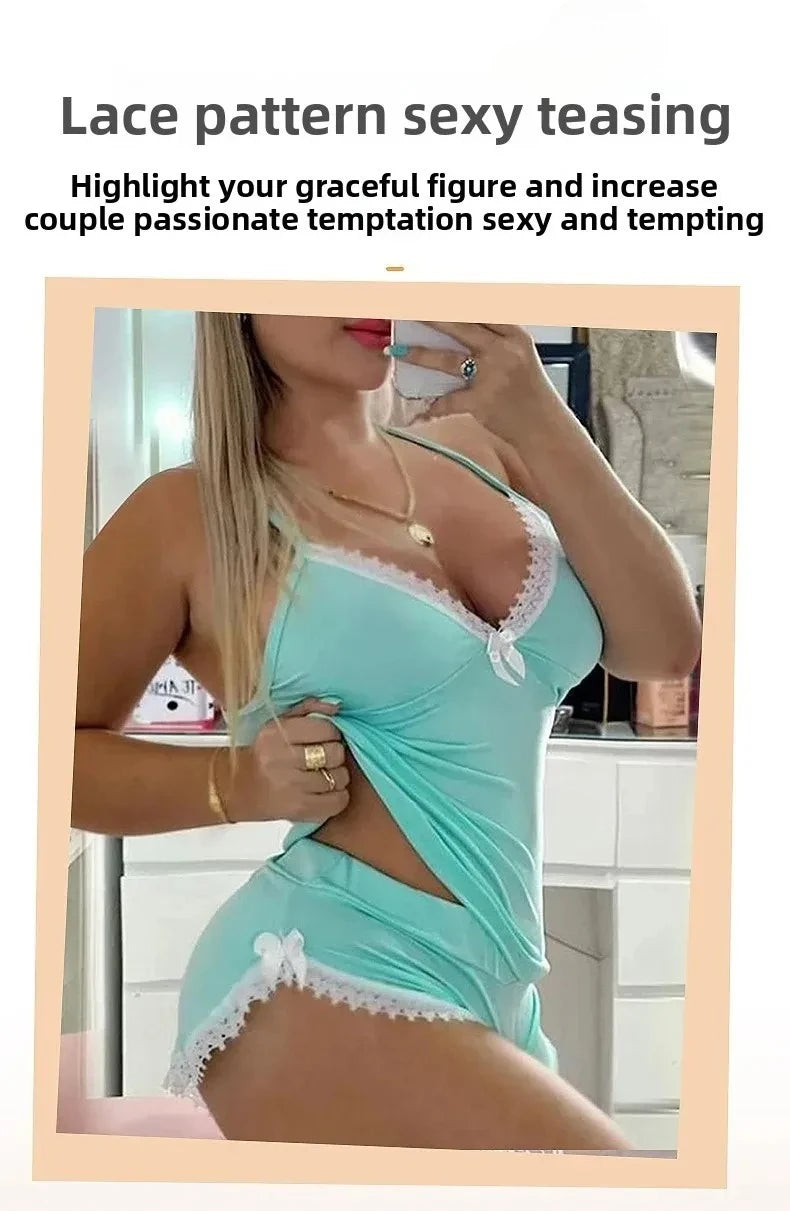 Women Lace Pajama Set Sexy Two Piece Sleepwear V-Neck Shorts Nightwear Plus Size Home Loungewear Set