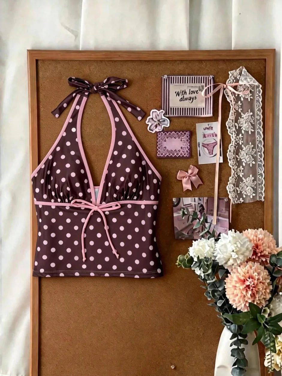 Trajes de baño para mujer, conjunto de tankini de 2 piezas de lunares, top cami con cuello halter en V con lazo frontal y shorts de baño con cordón en la cintura a contraste