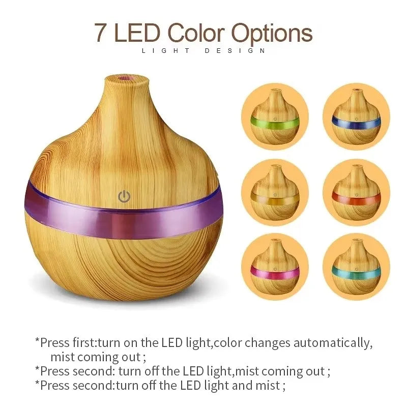 Diffuseur d'huiles essentielles et humidificateur ultrasonique à effet bois – Éclairage LED 7 couleurs avec télécommande
