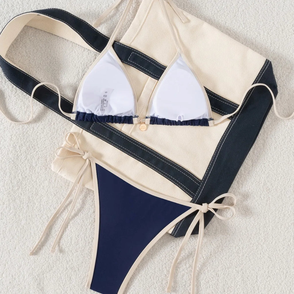 Conjunto de bikini sexy para mujer de dos piezas, traje de baño con ribete de bloques de color, lazo lateral y espalda cruzada para playa y piscina, Novedad 2026