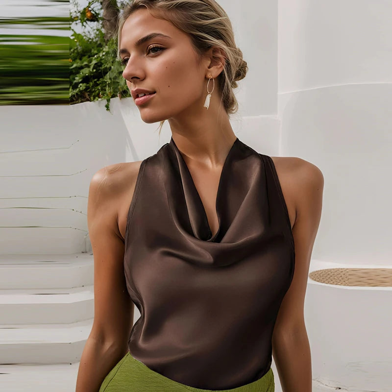 Haut corset dos nu à encolure américaine en satin pour femme – Débardeur élégant pour soirée d'été
