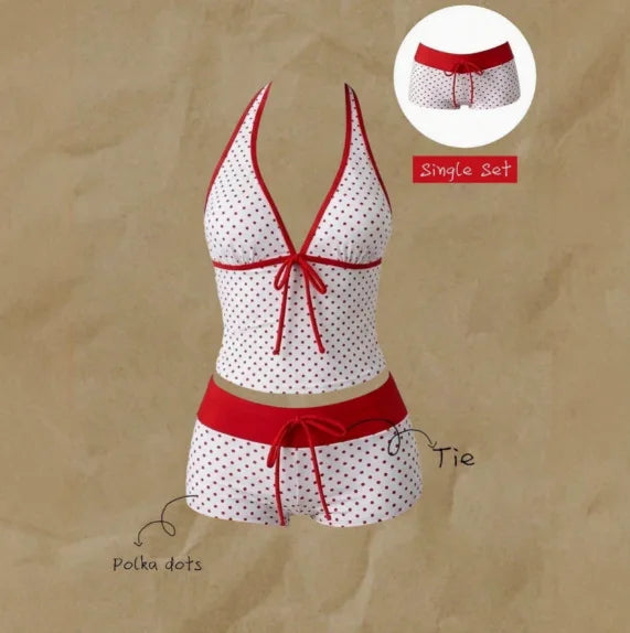 Trajes de baño para mujer, conjunto de tankini de 2 piezas de lunares, top cami con cuello halter en V con lazo frontal y shorts de baño con cordón en la cintura a contraste