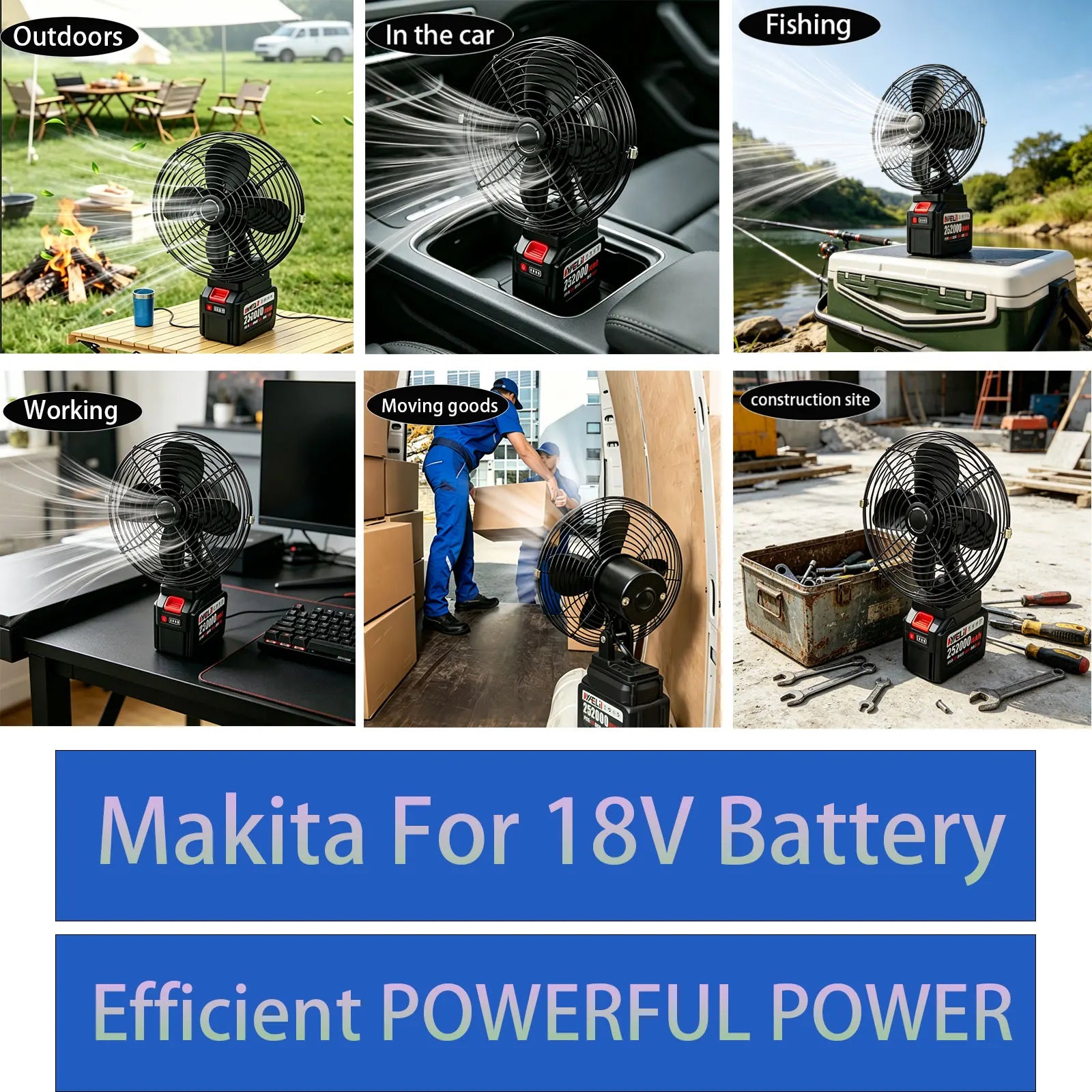 18V Cordless Battery Powered Fan – Portable Strong Wind Camping & Outdoor Fan (Compatible with Makita Battery)