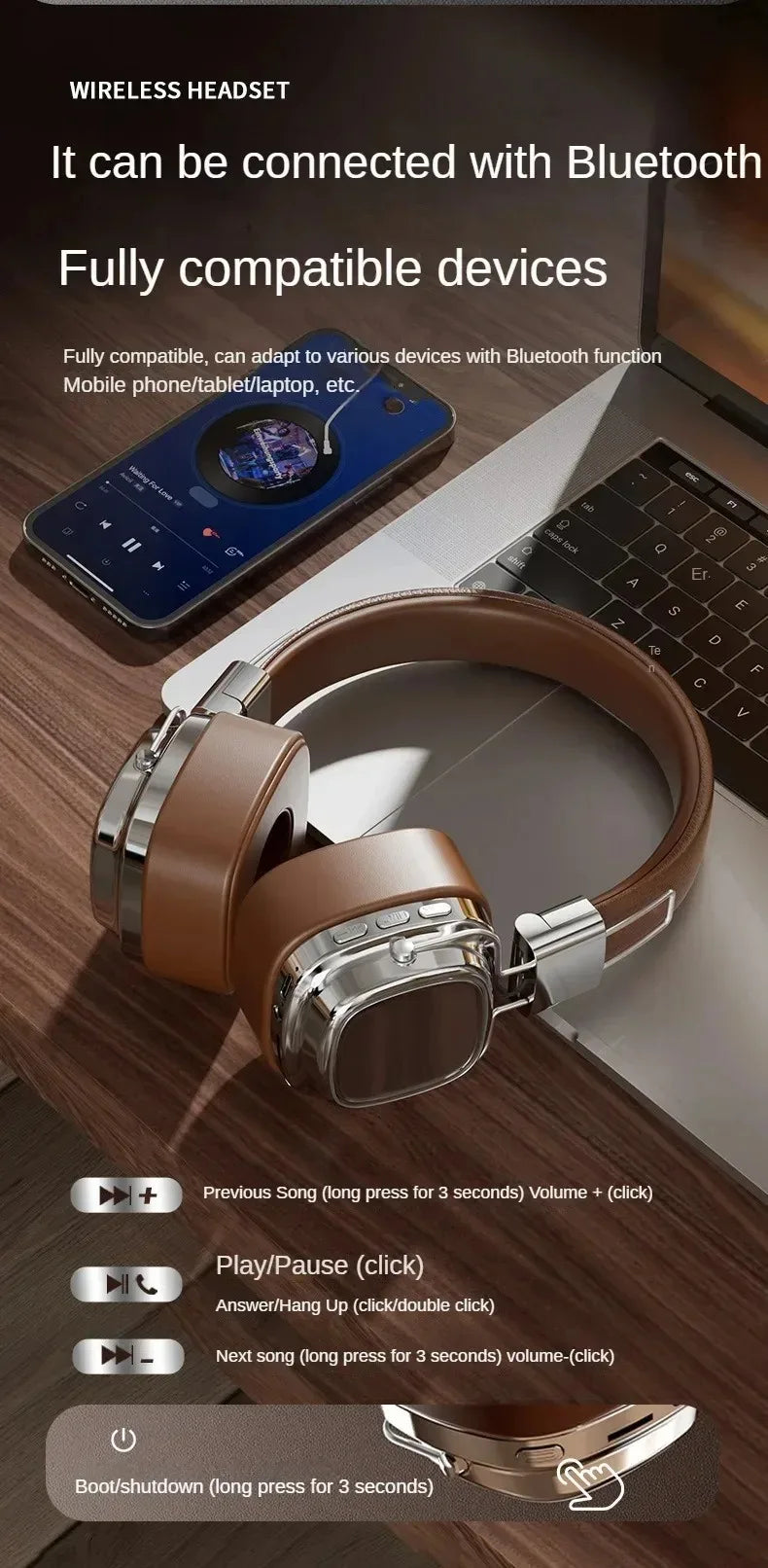 Retro Leather Bluetooth 5.3 Wireless Over-Ear Headphones – Foldable Noise Cancelling Headset with Mic