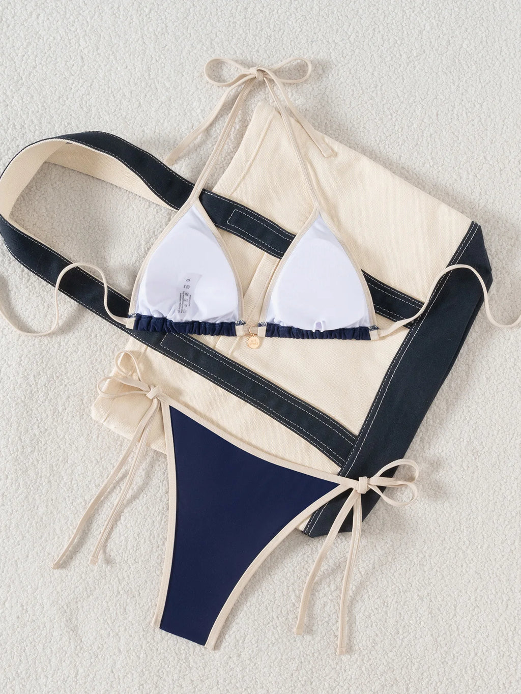 Conjunto de bikini sexy para mujer de dos piezas, traje de baño con ribete de bloques de color, lazo lateral y espalda cruzada para playa y piscina, Novedad 2026