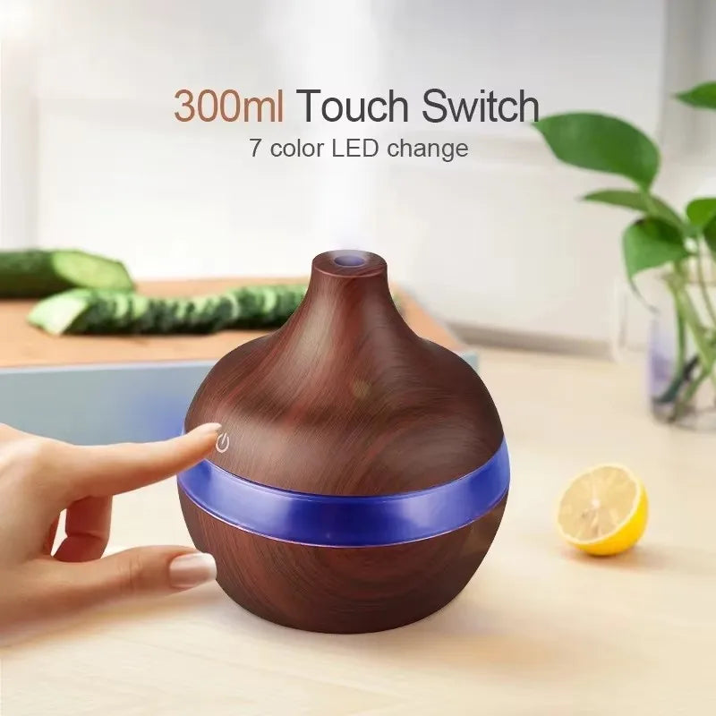 Diffuseur d'huiles essentielles et humidificateur ultrasonique à effet bois – Éclairage LED 7 couleurs avec télécommande