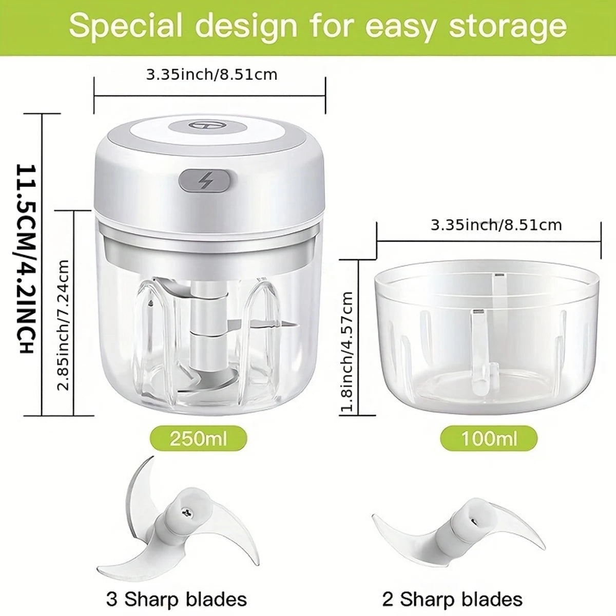 Mini picadora eléctrica de ajos de 100ml/250ml - Machacador USB recargable con potente batería de litio, fácil de usar para carne