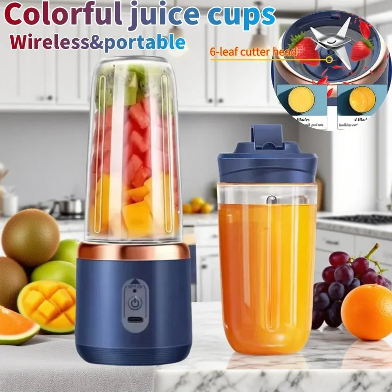 Extractor de zumo portátil mini, doble vaso, inalámbrico, recargable por USB, batidora de hielo compacta para viajes y hogar, como licuadora de frutas.