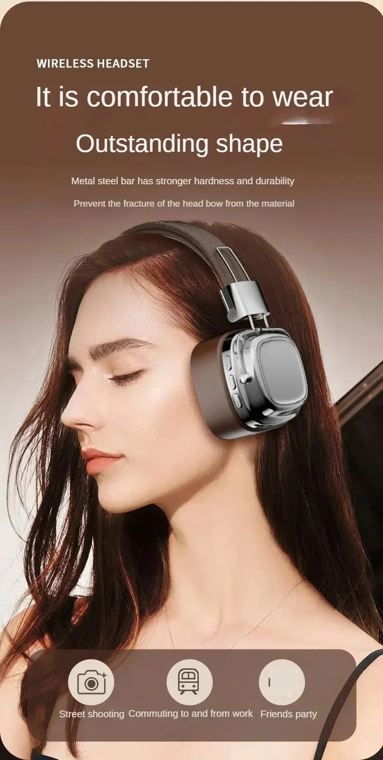 Retro Leather Bluetooth 5.3 Wireless Over-Ear Headphones – Foldable Noise Cancelling Headset with Mic