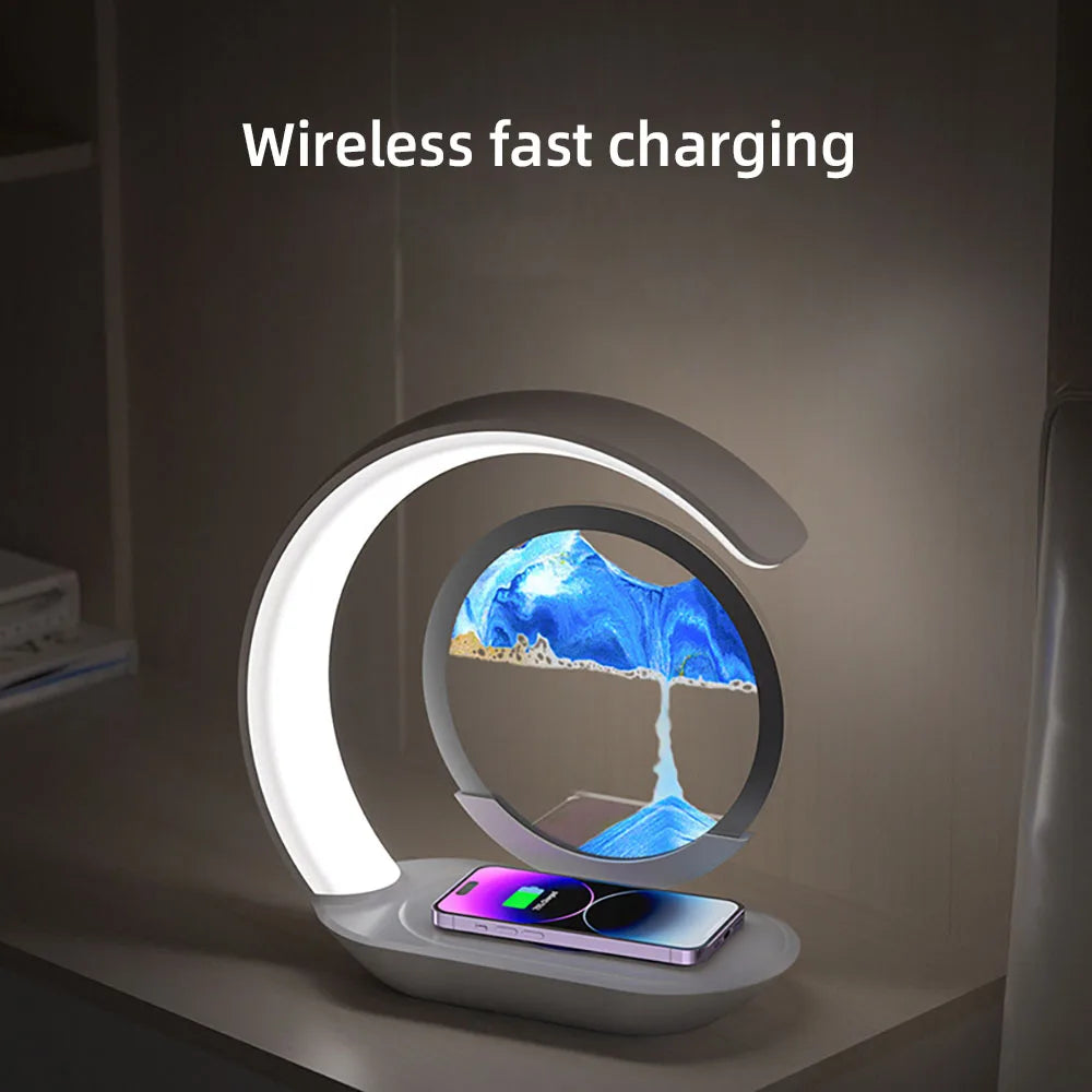 Lampe de table sablier avec chargeur sans fil – Veilleuse art du sable 3D