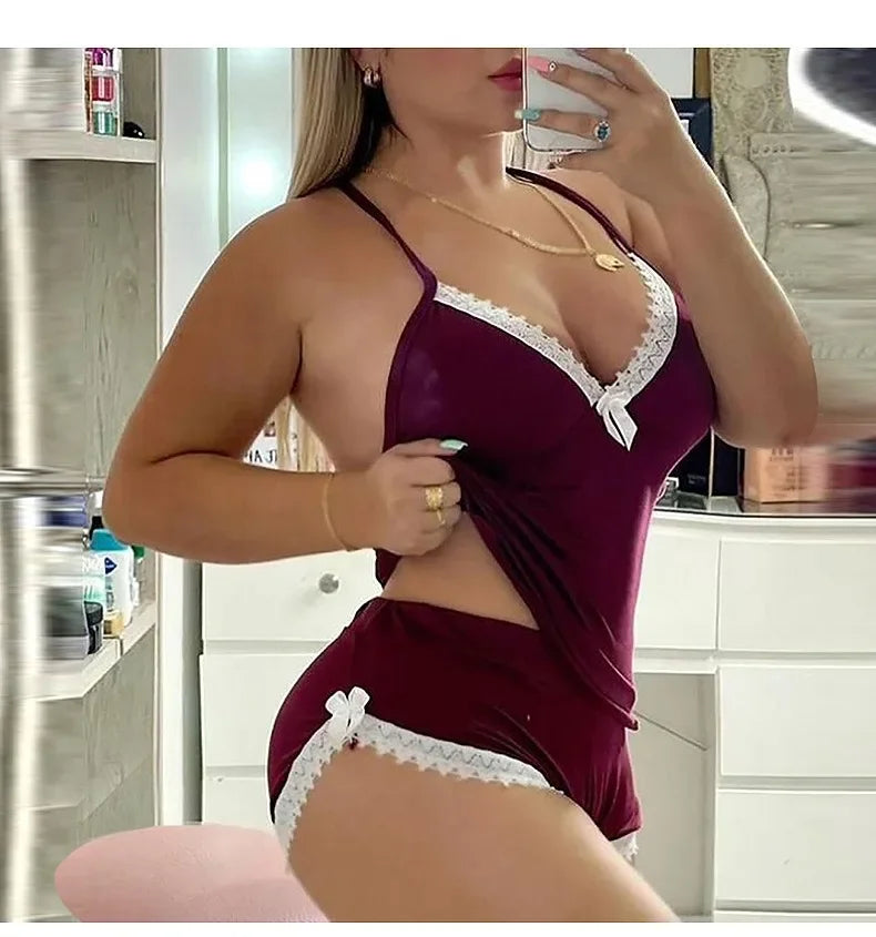 Women Lace Pajama Set Sexy Two Piece Sleepwear V-Neck Shorts Nightwear Plus Size Home Loungewear Set
