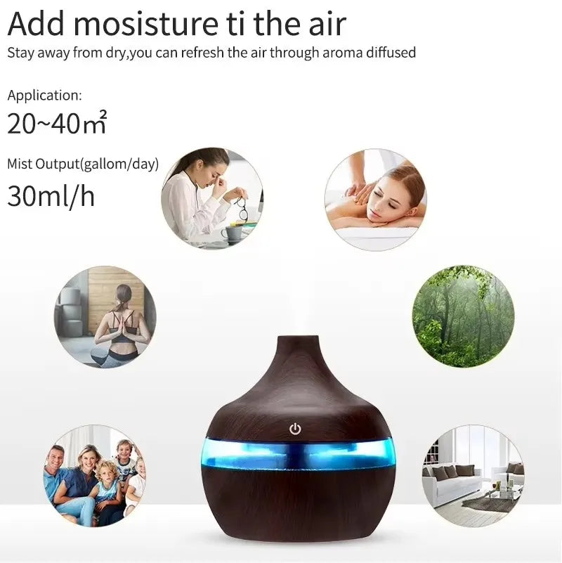 Diffuseur d'huiles essentielles et humidificateur ultrasonique à effet bois – Éclairage LED 7 couleurs avec télécommande