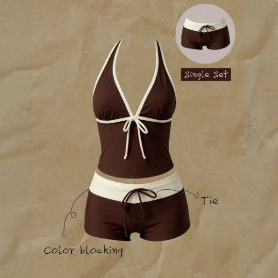 Trajes de baño para mujer, conjunto de tankini de 2 piezas de lunares, top cami con cuello halter en V con lazo frontal y shorts de baño con cordón en la cintura a contraste