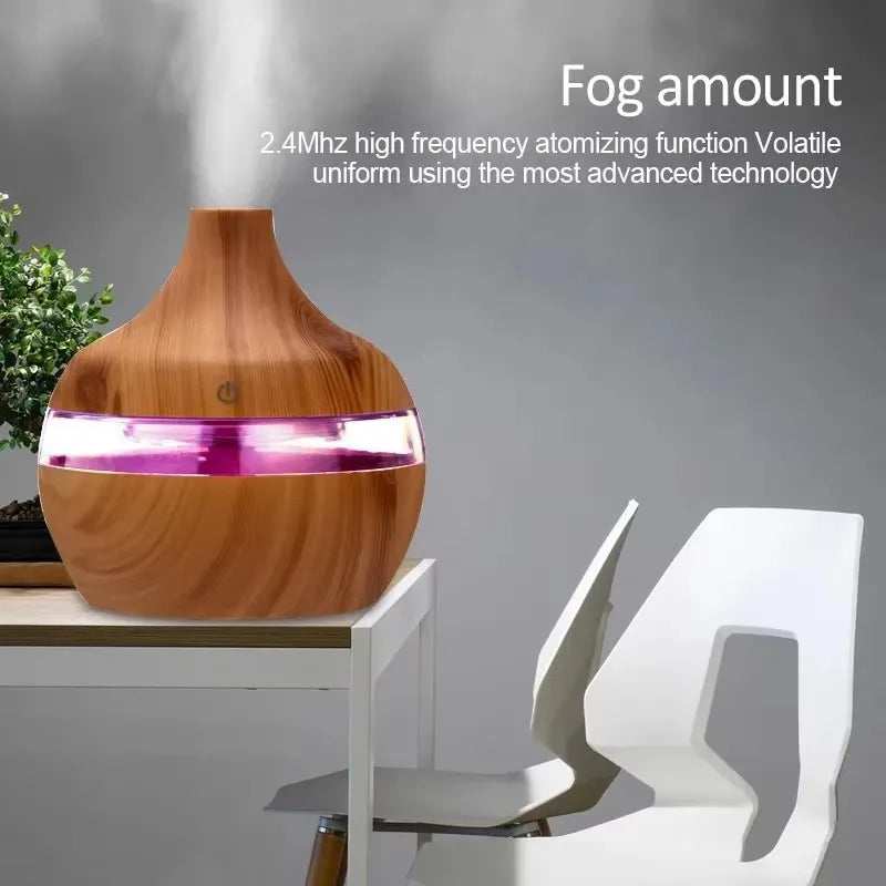 Diffuseur d'huiles essentielles et humidificateur ultrasonique à effet bois – Éclairage LED 7 couleurs avec télécommande