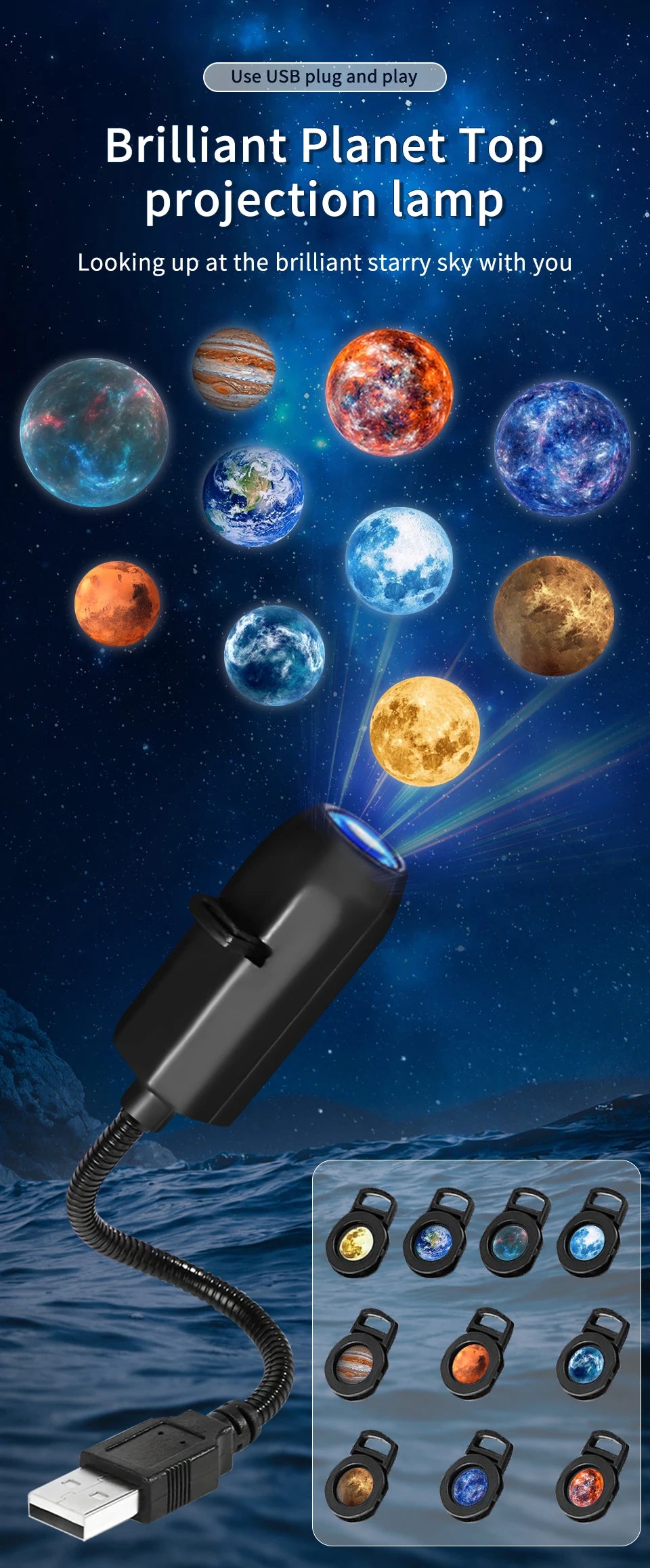 Lampe projecteur planétaire à connexion USB directe et diapositives de projection – Éclairage d'ambiance LED pour Halloween et Noël