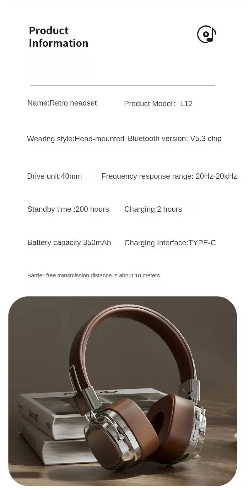 Retro Leather Bluetooth 5.3 Wireless Over-Ear Headphones – Foldable Noise Cancelling Headset with Mic