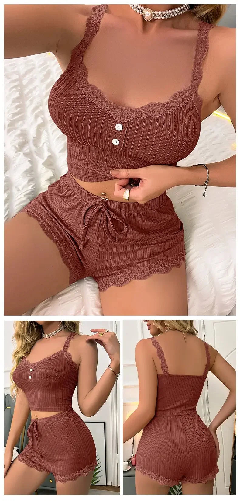 Women’s Ribbed Lace Trim Pajama Set – Camisole Top & Shorts