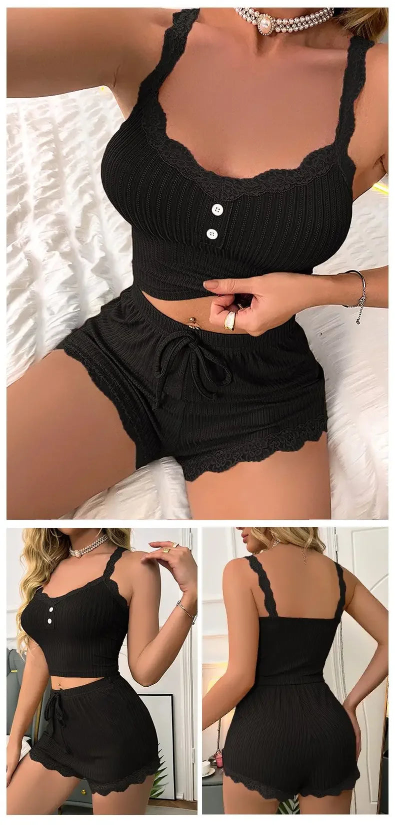 Women’s Ribbed Lace Trim Pajama Set – Camisole Top & Shorts