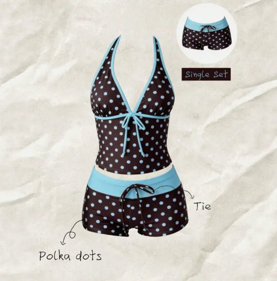 Trajes de baño para mujer, conjunto de tankini de 2 piezas de lunares, top cami con cuello halter en V con lazo frontal y shorts de baño con cordón en la cintura a contraste