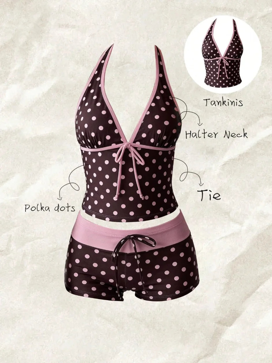 Trajes de baño para mujer, conjunto de tankini de 2 piezas de lunares, top cami con cuello halter en V con lazo frontal y shorts de baño con cordón en la cintura a contraste