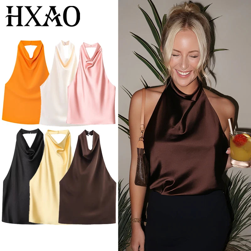 Haut corset dos nu à encolure américaine en satin pour femme – Débardeur élégant pour soirée d'été