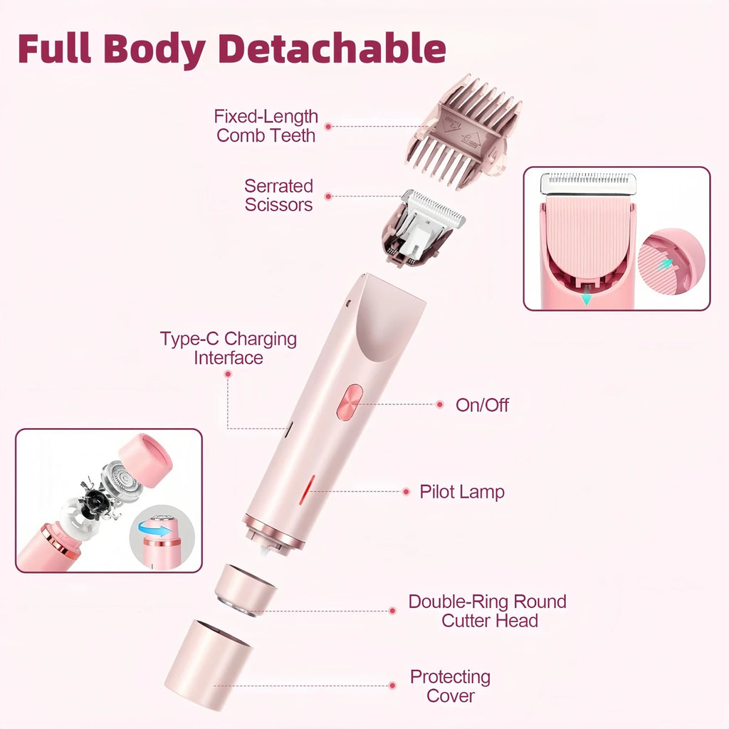 Bikini Trimmer for Women, 2 in 1 Dual Head Bikini Shaver & Body Shaver, Cordless & Waterproof Painless Electric Hair Removal