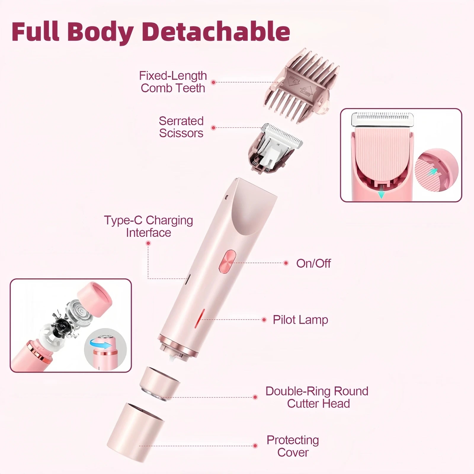 Bikini Trimmer for Women, 2 in 1 Dual Head Bikini Shaver & Body Shaver, Cordless & Waterproof Painless Electric Hair Removal